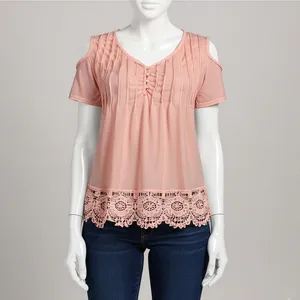 بلوز آستین کوتاه یقه گرد زنانه مدل گیپوردار نخی