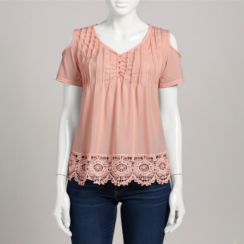 بلوز آستین کوتاه یقه گرد زنانه مدل گیپوردار نخی