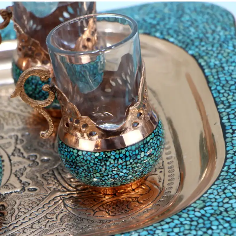 ست 7 تکه چای خوری مسی طرح فیروزه کوب کد MF001