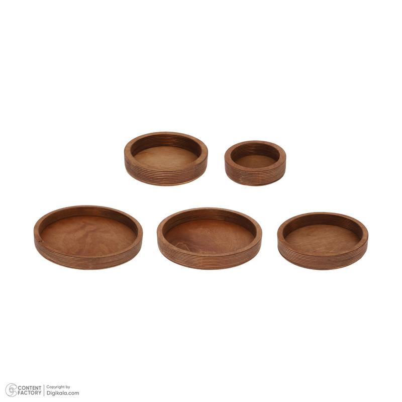 سینی سرو چوبی دایره‌ای مجموعه 5 عددی، مناسب پذیرایی و اردوخوری، سایز 12 تا 28 سانتی‌متر، ارتفاع 3.5 سانتی‌متر، بدون امکان شستشو