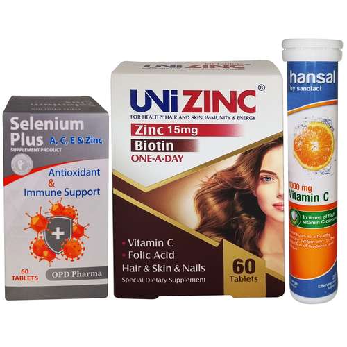 قرص یونی زینک لیبرتی سوییس بسته 60 عددی به همراه قرص سلنیوم پلاس او پی دی فارما بسته 60 عددی به همراه قرص جوشان ویتامین C 1000 میلی گرم هانسال بسته 20 عددی