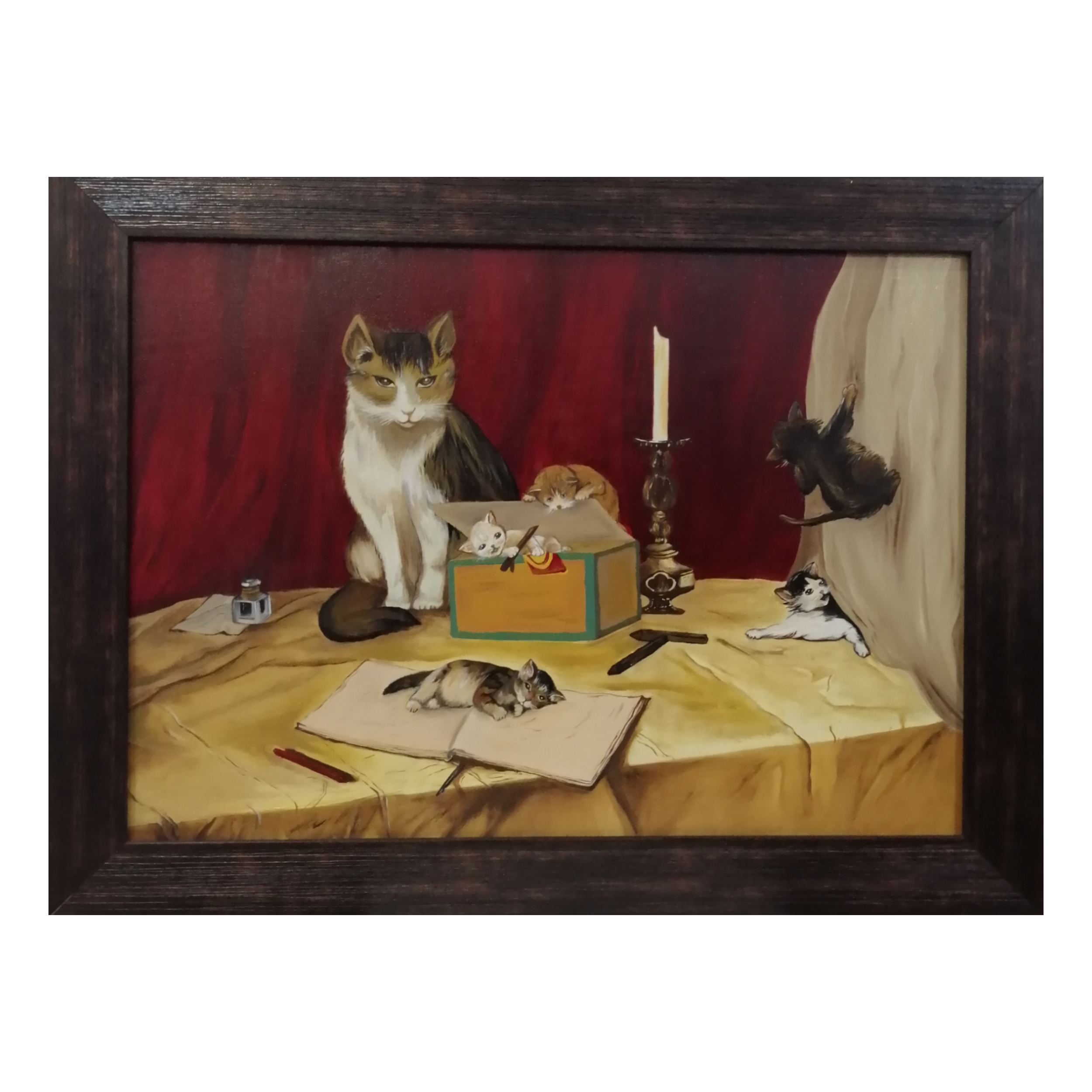 تابلو نقاشی رنگ روغن مدل مامان گربه و بچه هاش