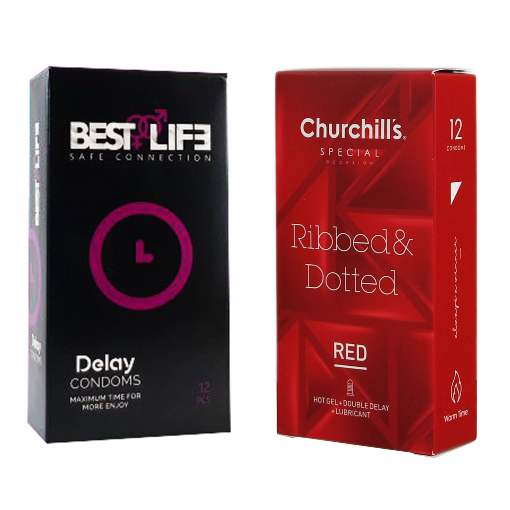 کاندوم چرچیلز مدل Ribbed & Dotted Red بسته 12 عددی به همراه کاندوم بست لایف مدل Delay بسته 12 عددی