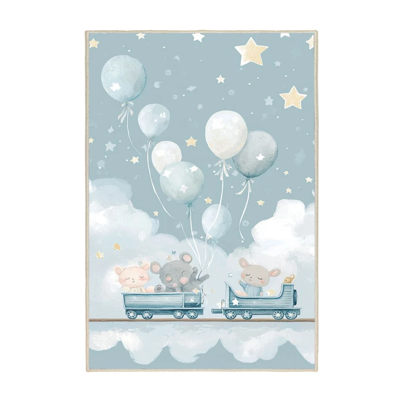 فرش ماشینی 1000 شانه زمینه طوسی حاشیه طوسی اورکوم مدل نانو چاپ بدون پرز طرح اتاق کودک کد kids.9020.01