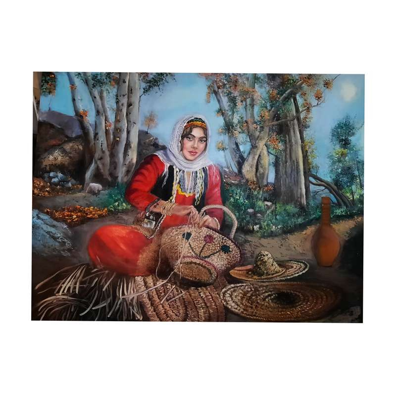 تابلو نقاشی رنگ روغن طرح دختر حصیر باف کد 125