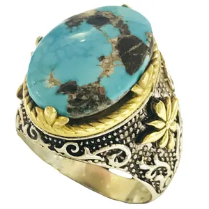 انگشتر نقره مردانه مدل قلمزنی 2 تکه مزین به فیروزه نیشابوری 32492