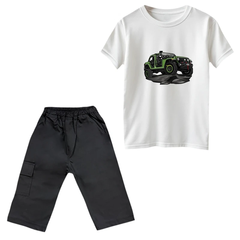 ست تی‌شرت و شلوارک پسرانه مدل ماشین جیپ کد 01 رنگ سفید 