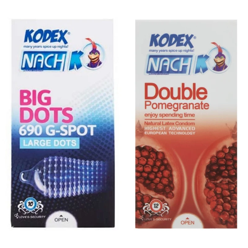 کاندوم خاردار ناچ کدکس مدل بیگ دات بسته 10 عددی به همراه کاندوم کلاسیک ناچ کدکس مدل انار بسته 12 عددی