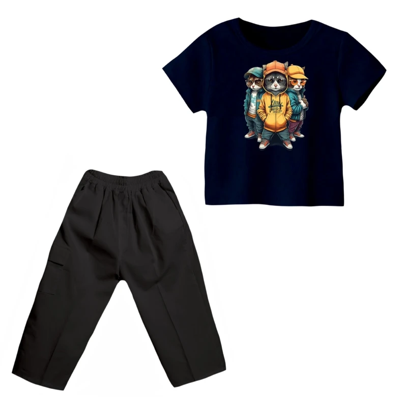 ست تی شرت و شلوارک پسرانه مدل گربه کد 13