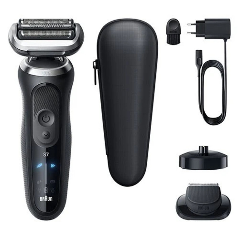 ماشین اصلاح موی صورت شارژی براون مدل series7 72-N4200cs با فناوری AutoSense، تیغه‌های استیل ضدزنگ، ضدآب، اصلاح صفر زن و خط زن، باتری لیتیوم یون با 60 دقیقه کارکرد، نمایشگر LED، استفاده خشک و مرطوب، همراه با برس تمیزکننده و کیف نگهداری