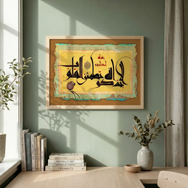 تابلو طرح الا بذکر الله تطمئن القلوب مدل G13845 فریم کرم روشن