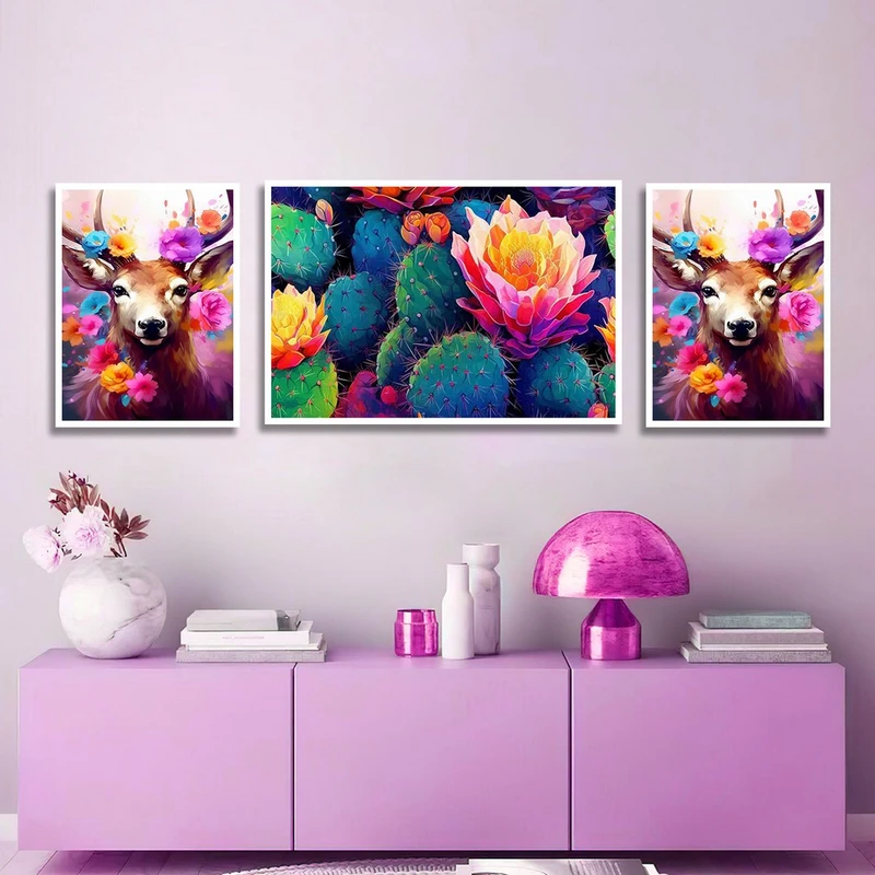 تابلو بکلیت طرح گل رنگی و آهو مدل W-1182 مجموعه 3 عددی