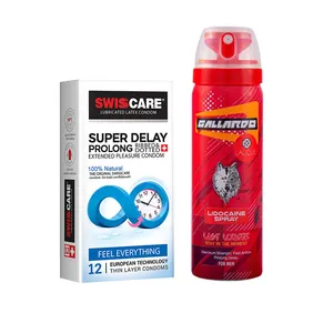 کاندوم سوئیس کر مدل super delay بسته 12 عددی به همراه اسپری لیدوکائین گالاردو مدل لالیک حجم 65 میلی لیتر