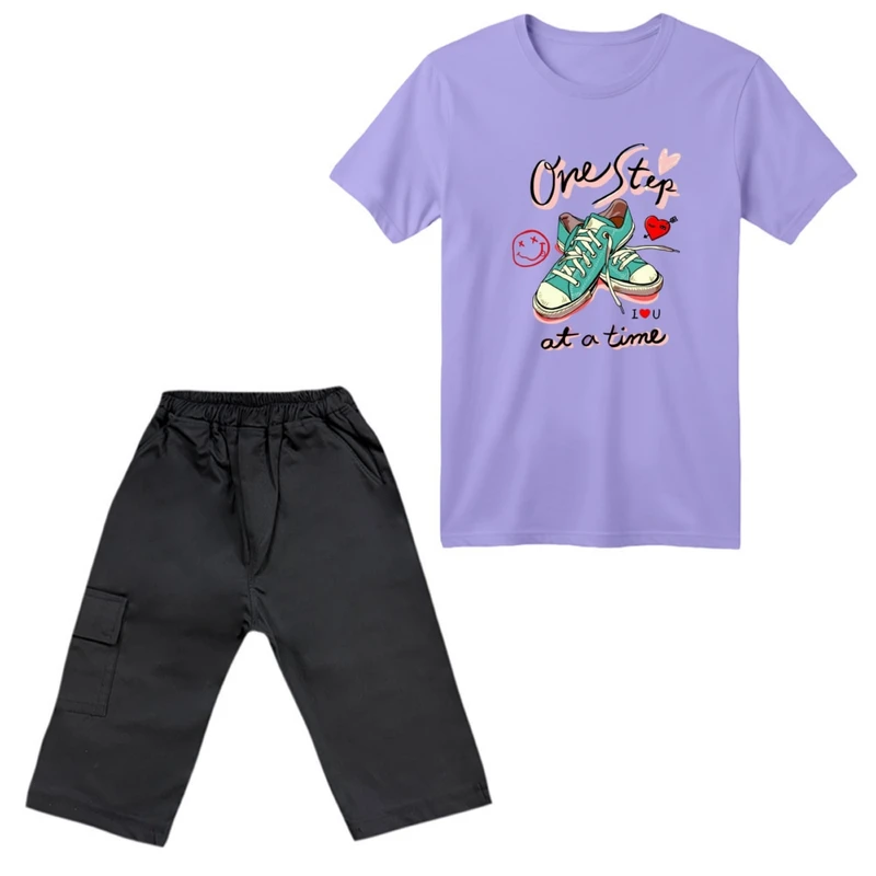 ست تی‌شرت آستین کوتاه و شلوارک دخترانه مدل کتونی کد 02 رنگ یاسی