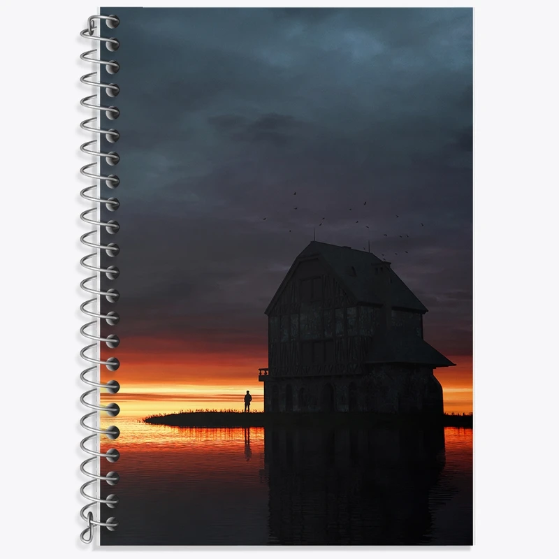 دفتر زبان 50 برگ خندالو مدل سه خط طرح کلبه و غروب کد F518