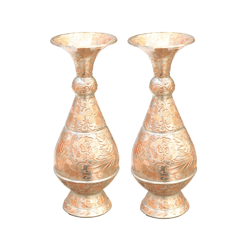 گلدان مسی صنایع دستی فاخر مدل الماس تراش صراحی مجلل طرح گل و مرغ کد SnVase20p7 بسته 2 عددی