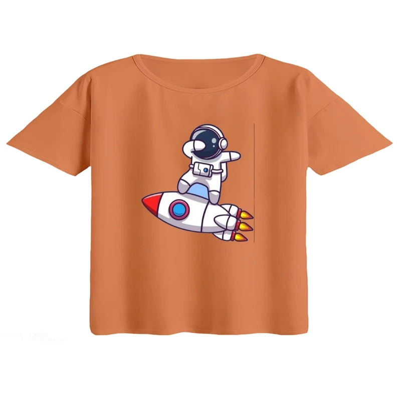 کراپ تی‌شرت آستین کوتاه زنانه مدل فضانورد و موشک