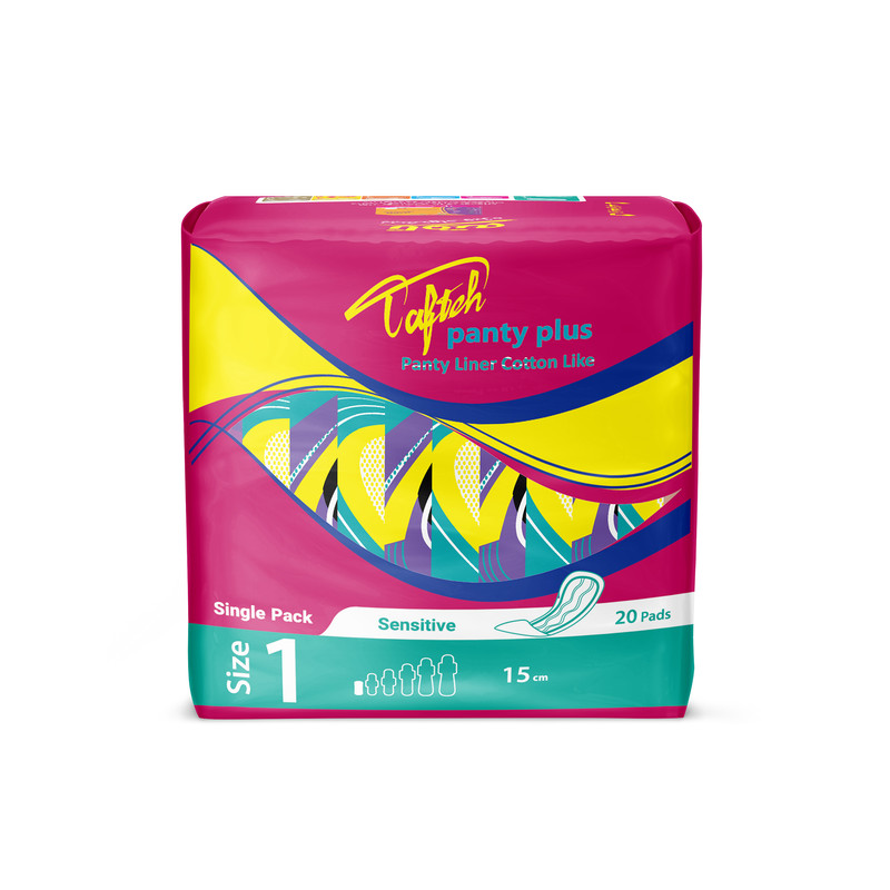پد بهداشتی روزانه تافته مدل Panty Plus، سایز 1 با ضخامت خیلی نازک، لایه رویی کتان با جذب متوسط، بسته 20 عددی، مناسب برای پوست حساس، بدون بال