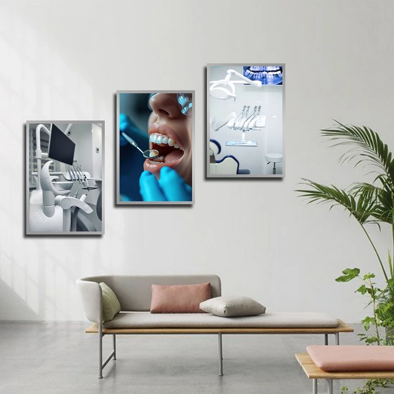 تابلو بکلیت طرح دندان و تجهیزات دندانپزشکی مدل SI-3903 فریم نقره ای مجموعه 3 عددی