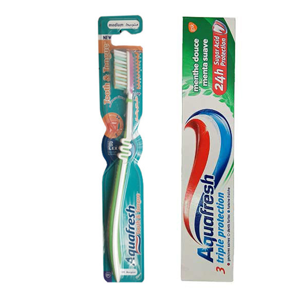 خمیر دندان آکوافرش مدل triple حجم 75 میلی لیتر به همراه مسواک آکوافرش مدل Tooth & tangue با برس متوسط خمیر دندان آکوافرش مدل triple حجم 75 میلی لیتر به همراه مسواک آکوافرش مدل Tooth & tangue با برس متوسط