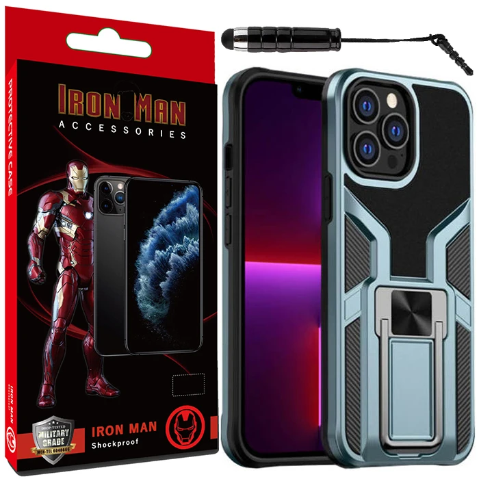کاور آیرون من مدل King Stand مناسب برای گوشی موبایل اپل IPHONE 13 PRO به همراه قلم لمسی