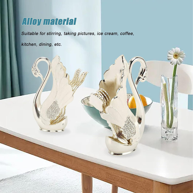 قاشق چای خوری مدل نگین دار طرح قو بسته 6 عددی به همراه جاقاشقی