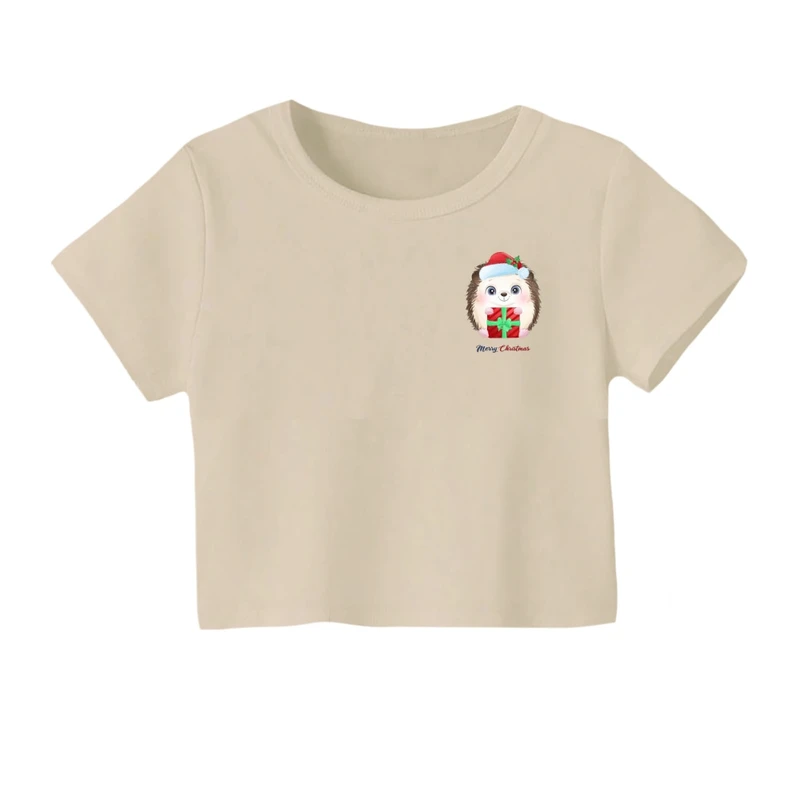کراپ‌ تی‌شرت آستین کوتاه زنانه مدل جوجه تیغی کریسمس کد 2