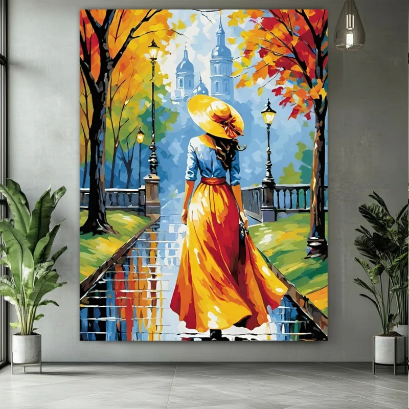 تابلو بوم طرح مخمل نقاشی رنگ روغن بانو مدل پیاده رو پاییزی کد BK24627