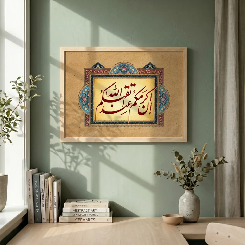 تابلو طرح قرآنی ان اکرمکم عند الله اتقاکم مدل G14643 فریم کرم روشن