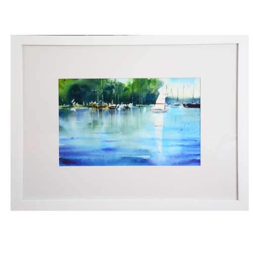 تابلو نقاشی آبرنگ طرح قایق و دریا