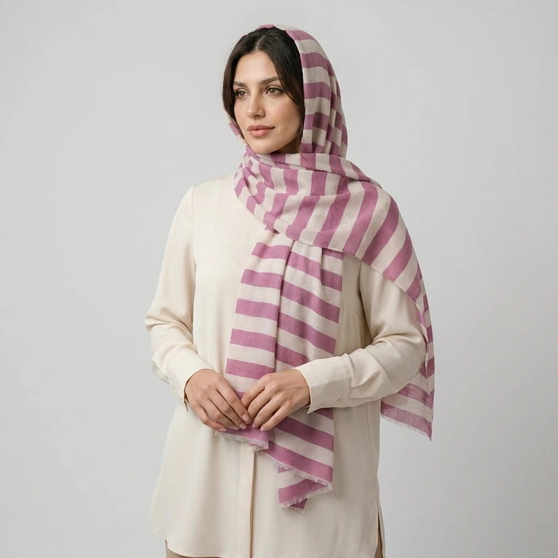 شال نخ زنانه طرح راه راه  با طول و عرض 70x185 سانتی‌متر