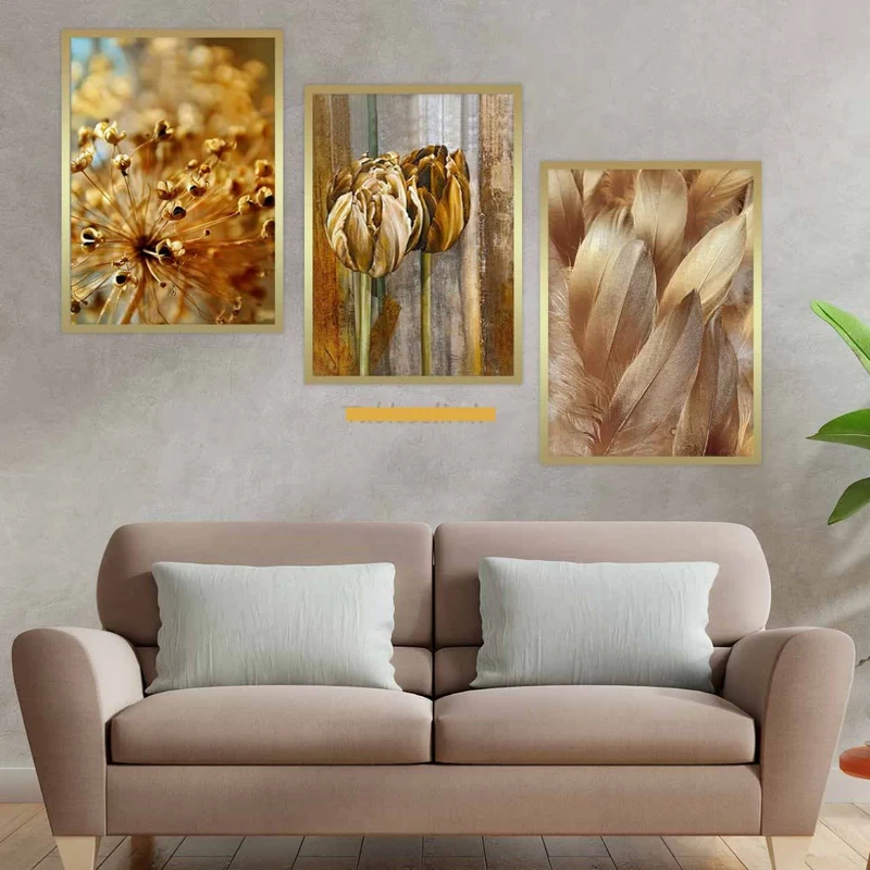  تابلو مدل دکوراتیو طرح برگ و شاخه کد 398 فریم بژ مجموعه سه عددی