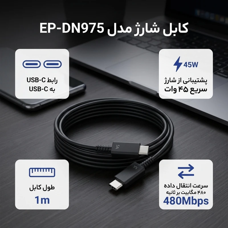 عکس شماره 2 : کابل تبدیل usb-c به usb-c مدل ep-dn975 طول 1 متر
