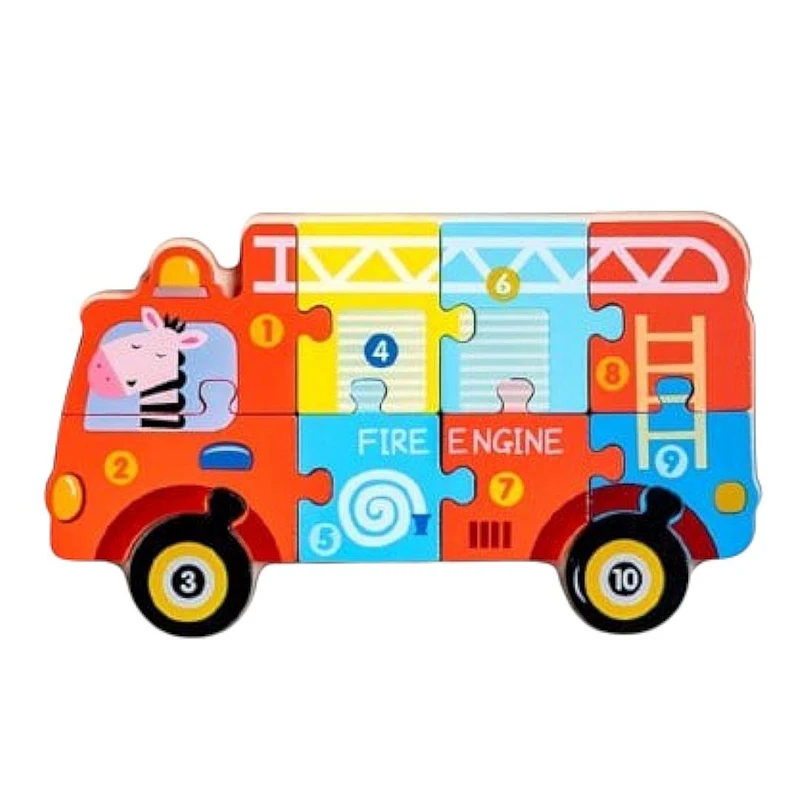 پازل آموزشی مدل چوبی طرح ماشین آتش نشانی حیوانات