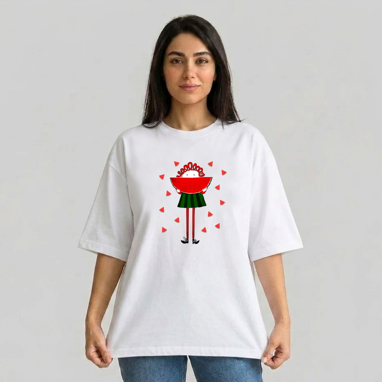 تی شرت آستین سه ربع زنانه مدل باکسی طرح دخترک یلدایی کد v39