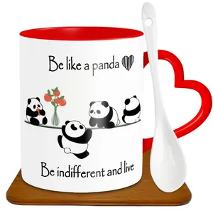 ماگ دسته قلبی طرح پاندا مدل G1001 به همراه زیر لیوانی و قاشق