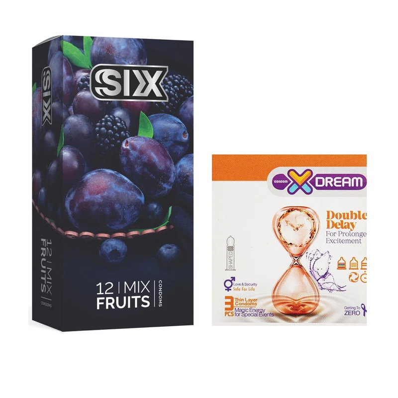 کاندوم سیکس مدل Mix Fruits بسته 12 عددی به همراه کاندوم ایکس دریم مدل Double Delay بسته 3 عددی
