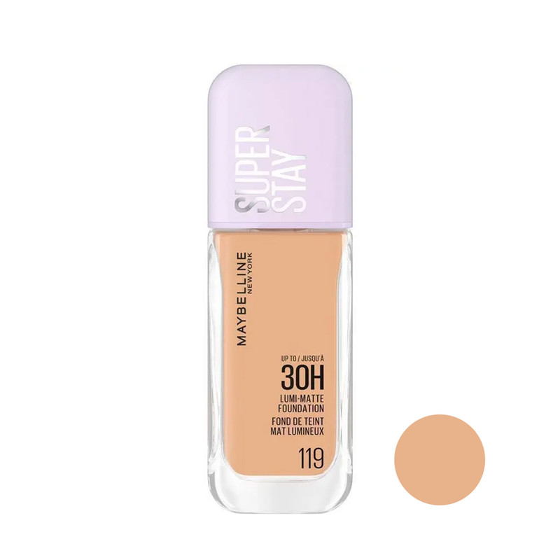 کرم پودر مایع میبلین مدل Super Stay 30H Lumi-Matte شماره 119 حجم 30 میلی‌لیتر با کاور متوسط و ماندگاری بالا