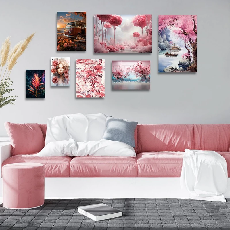 تابلو شاسی بکلیت طرح نقاشی دکوراتیو شکوفه های بهاری مدل SH-1361 مجموعه 7 عددی