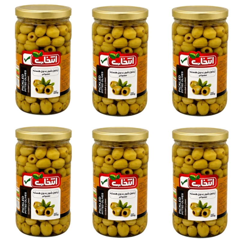 زیتون شور بی هسته انتخاب - 650 گرم بسته 6 عددی