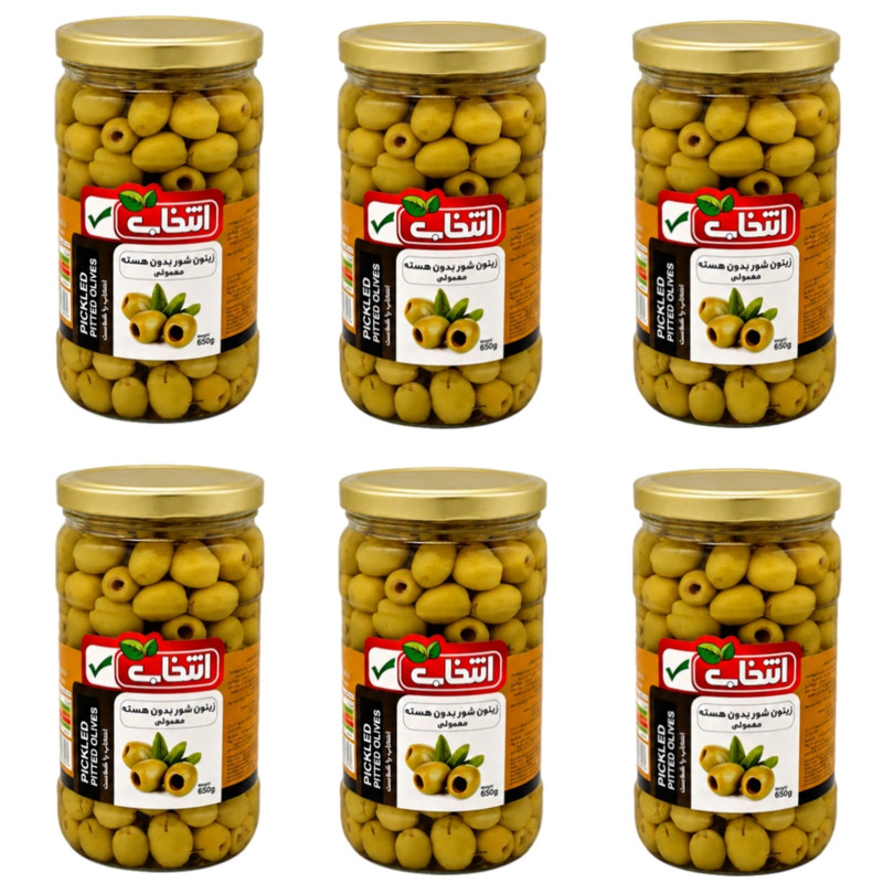 زیتون شور بی هسته انتخاب - 650 گرم بسته 6 عددی
