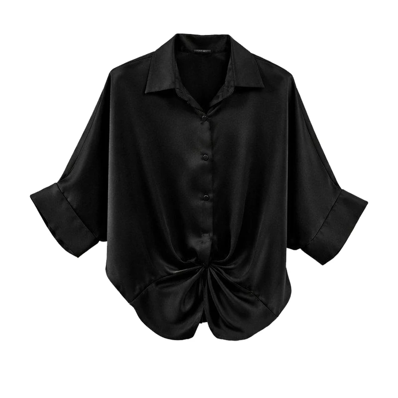 شومیز آستین سه ربع یقه برگردان زنانه مدل جلو گره ای ساتن کد 3136