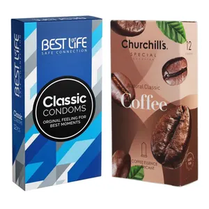 کاندوم چرچیلز مدل Coffee بسته 12 عددی به همراه کاندوم بست لایف مدل Classic بسته 12 عددی