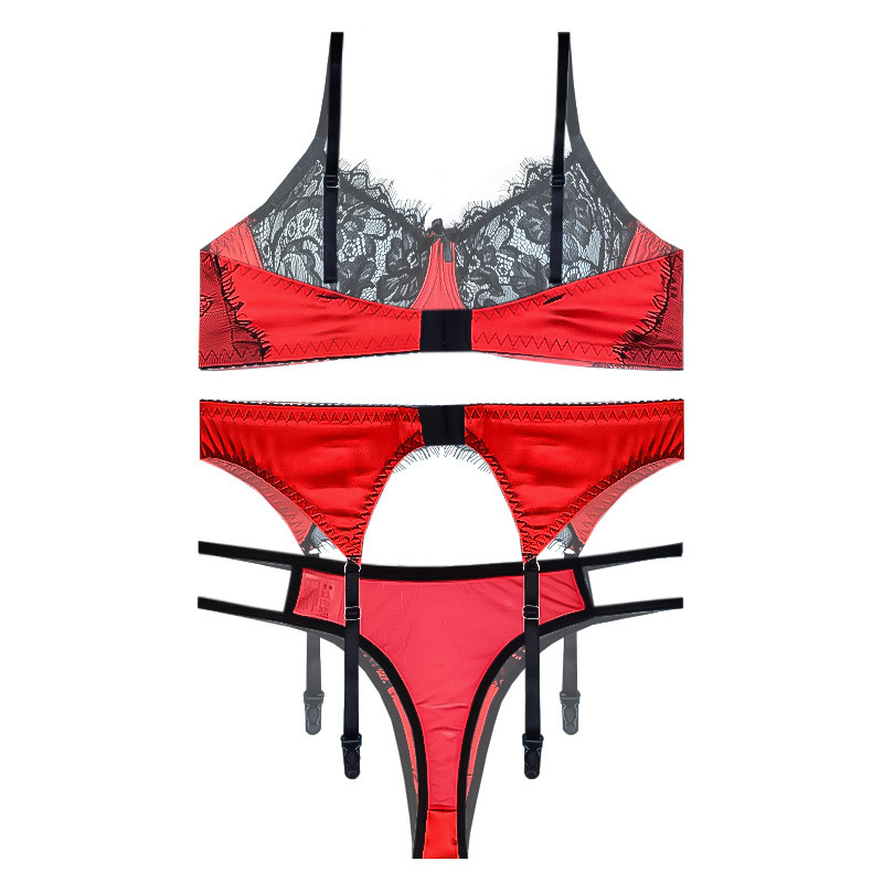 ست شورت و سوتین زنانه مکسوریا مدل ساتن و تورگاز کد 02650 به همراه بند جوراب