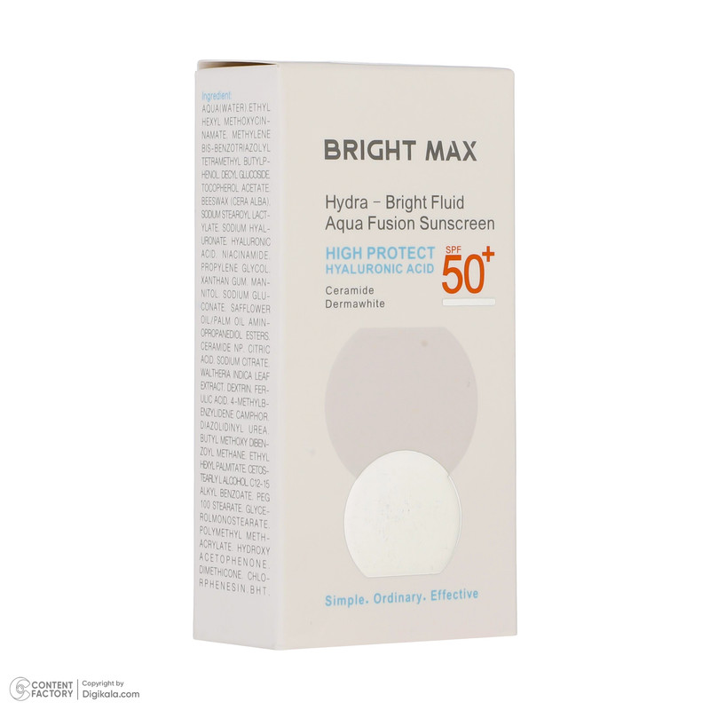 فلوئید ضدآفتاب بی‌رنگ برایت مکس، SPF50، مدل هایدرابرایت، ‌مناسب انواع پوست و حجم 50 میلی‌لیتر، محافظت کننده در برابر اشعه UVAو UVB و رادیکال‌های آزاد، آبرسان قوی، ضد لک و روشن کننده پوست، با ماندگاری 2 ساعته