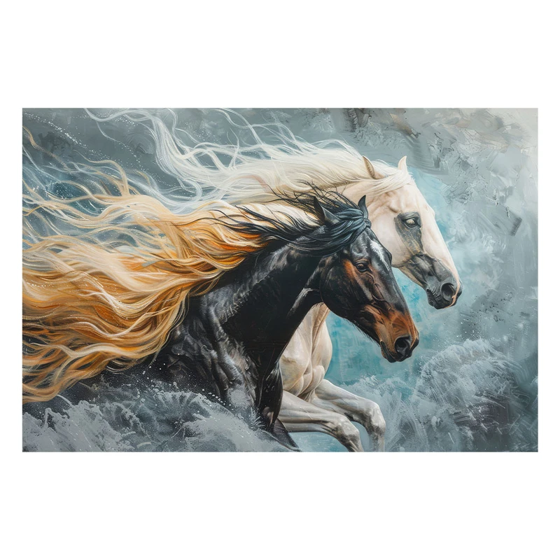 فرش پارچه‌ای مدل فرشینه طرح نقاشی دو اسب تاختن در دریا کد AR3060342