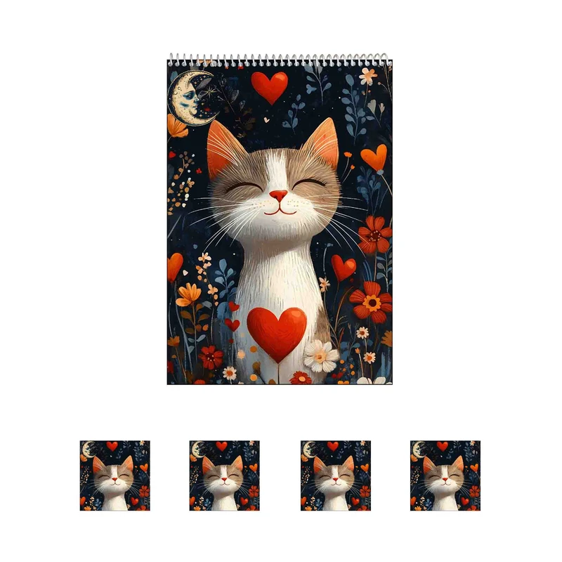 دفتر نقاشی 50 برگ مدل گربه دوست داشتنی کد A1 به همراه برچسب مجموعه 5 عددی