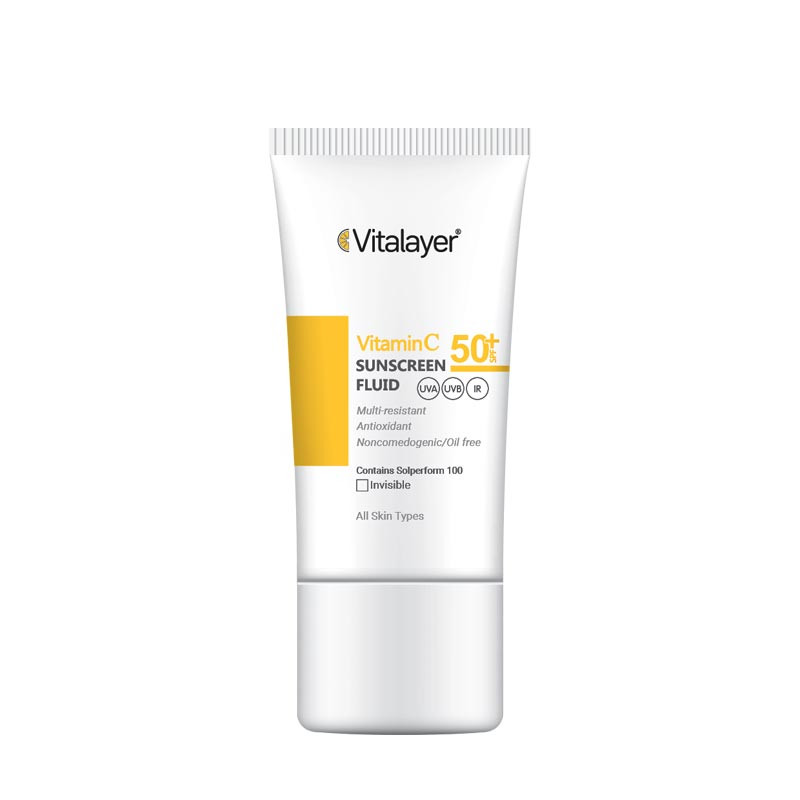 فلوئید ضد آفتاب بدون رنگ ویتالیر SPF50 مدل Vitamin C محافظ UVA ،UVB، ضد چروک، روشن‌کننده، مناسب انواع پوست حجم 50 میلی‌لیتر