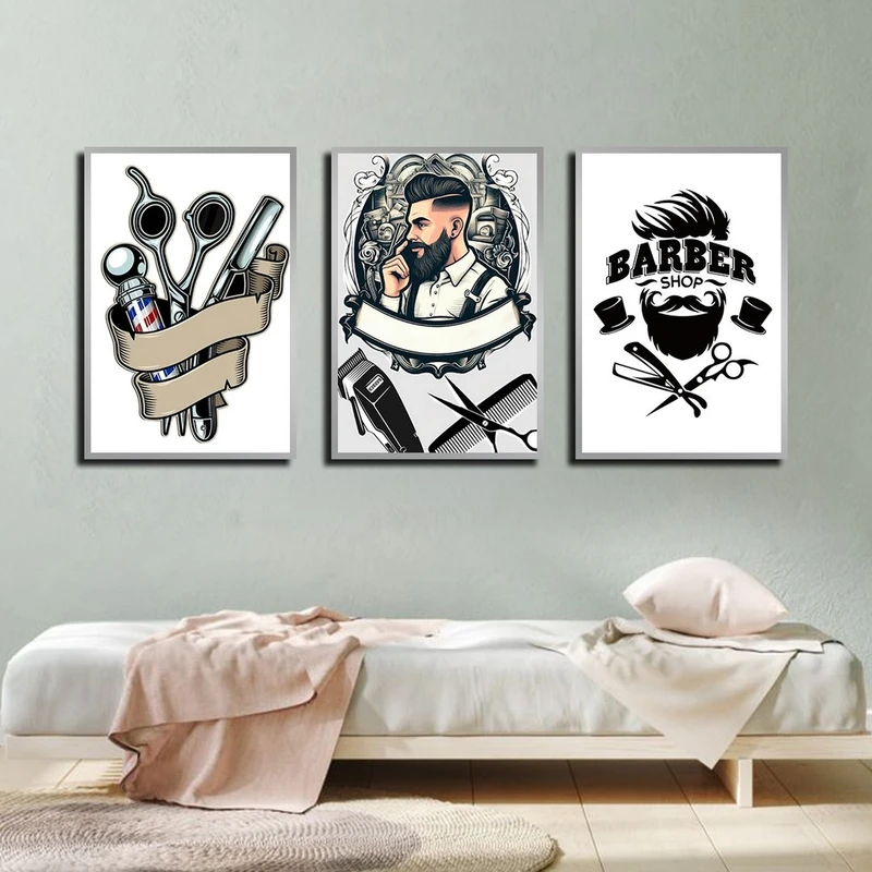 تابلو بکلیت طرح آرایشگاه مردانه مدل SI-4208 فریم نقره ای مجموعه 3 عددی