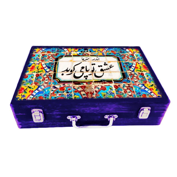 جعبه هدیه چوبی مدل چمدان طرح کاشی نستعلیق کد WSL529